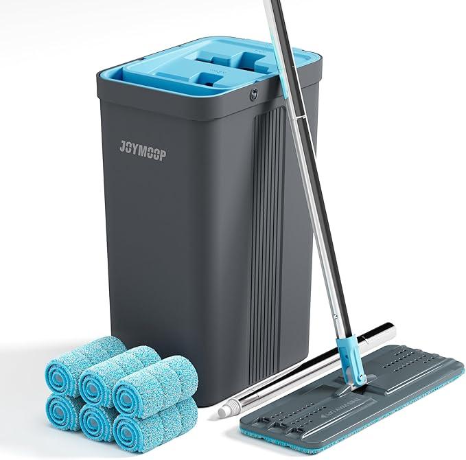 JOYMOOP Mop and Bucket Set with Wringer, Mops for Floor Cleaning, Wall Mop Cleaner with Long Handle, with 6 Reusable Microfiber Mop Pads - Grey+Cyan Blue - NeatNest