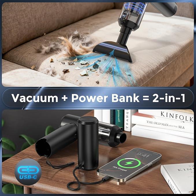 Cordless Handheld Vacuum with 6000mAh Power Bank & LED Light – 3-in-1 Car Vacuum, Air Blower & Phone Charger, 20,000Pa Strong Suction, 1lb Mini Vacuum for Car, Home, Pet Hair & Travel - NeatNest