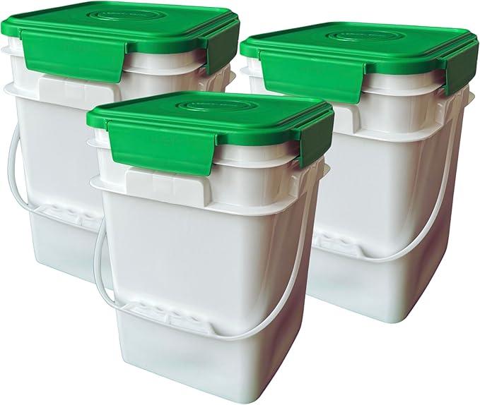 House Naturals 4 Gallon Square Food Grade Bucket Pail with Plastic Handles and Lid (Pack of 3) Made in USA containers (White - Green lid) - NeatNest