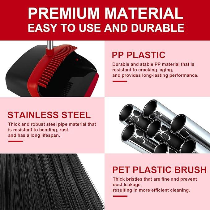 Broom and Dustpan Set, Large Household Broom with Dustpan Combo Set, 55 Inch Long Handle, Red Dust Pan Combo Set for Home - NeatNest