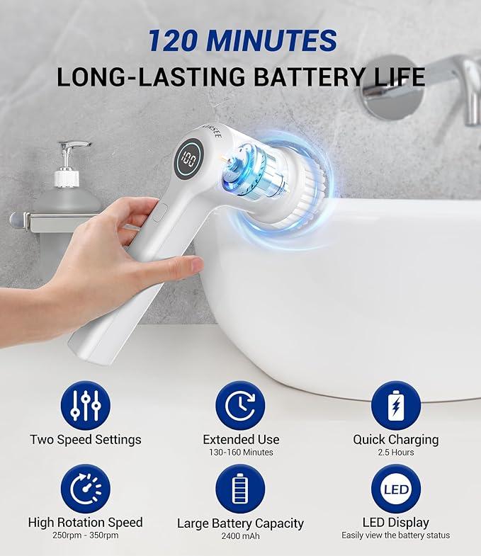 AIRSEE Cordless Electric Spin Scrubber, Handheld Power Shower Cleaner Brush, 2 speeds, 6 Replaceable Brush Heads for Cleaning Floor, Window, Bathroom, Kitchen, for Elderly & Busy Family - NeatNest
