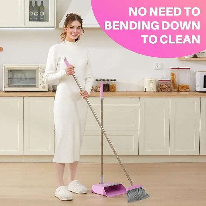 JOYMOOP Pink Broom and Dustpan Set with 56” Handle, Upright Angle with Built-in Comb Teeth for Hardwood Floors and Pet Hair - NeatNest