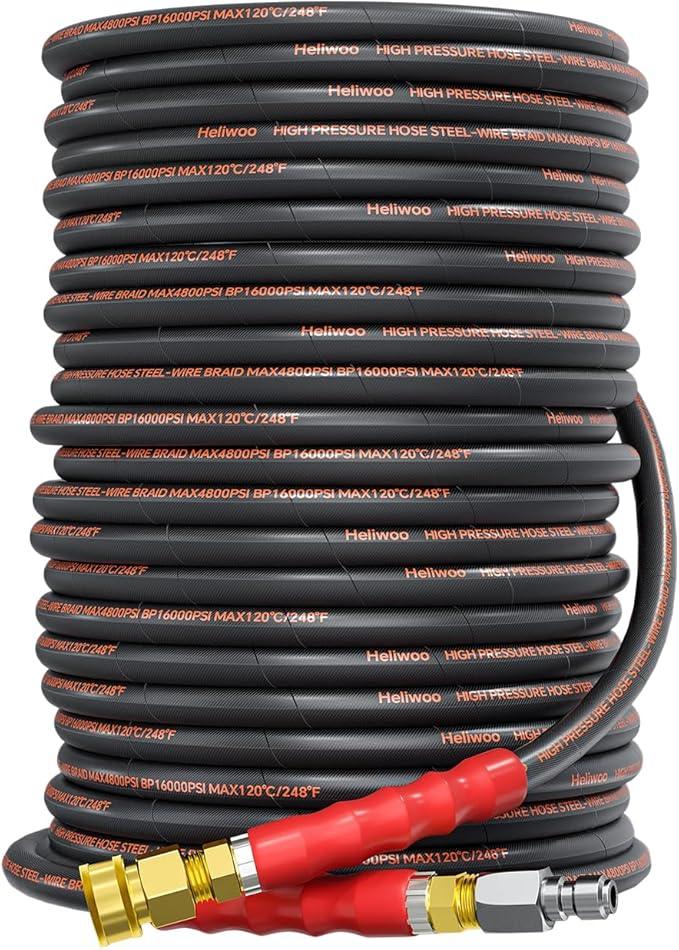 Pressure Washer Hose 100FT, 3/8" for Cold & Hot Water (Up to 140℉) 4800 PSI Kink Resistant Industrial Grade Steel Wire Braided QC Ends - NeatNest