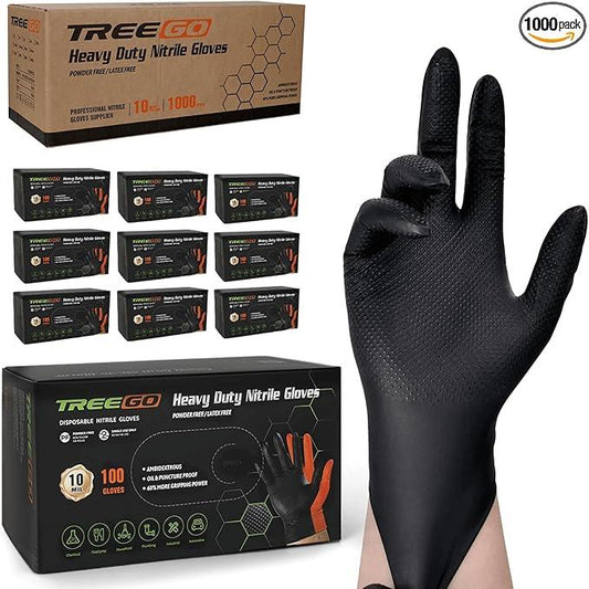 TREEGO 10 Mil Black Nitrile Gloves Bulk Case, 1000 Count Medium — Heavy Duty Diamond Grip, Latex Free Disposable Gloves for Automotive, Industrial, Warehouse & Shop Use - NeatNest