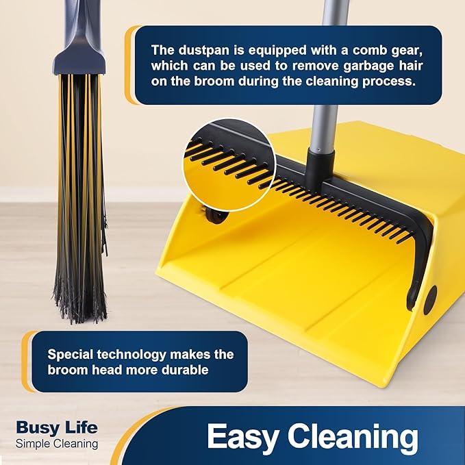 Yocada Commercial Broom and Dustpan Set with Comb Commercial Outdoor Indoor for Courtyard Garage Lobby Mall Market Floor Home Kitchen Room Office Pet Hair Rubbish - NeatNest
