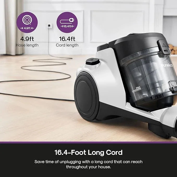 Eureka Bagless Canister Vacuum Cleaner, 1100W High Power Vacuum Cleaner for Carpets and Hard Floors HEPA Filter Extension Tube 2-in-1 Crevice Tool Floor Nozzle, NEN121WH - NeatNest