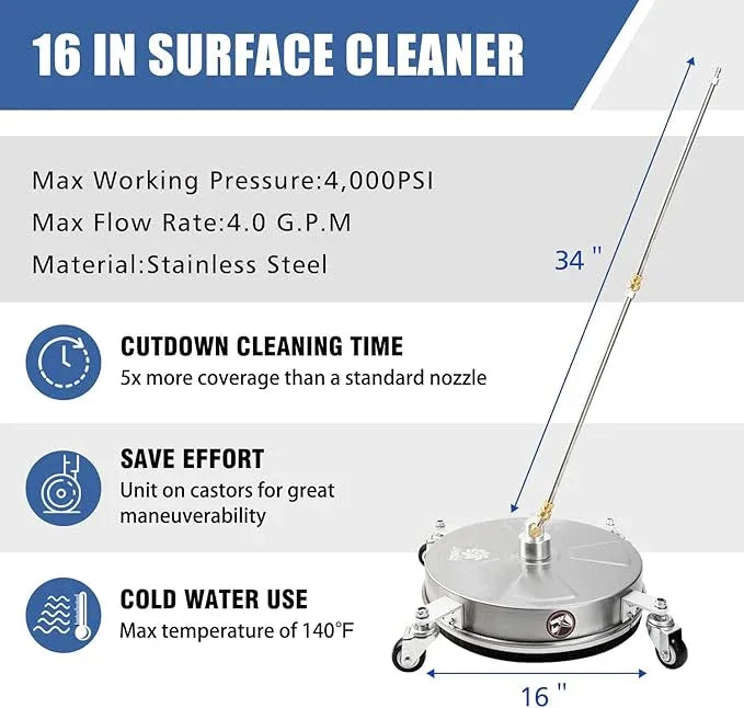 JANZ 16" Pressure Washer Surface Cleaner with 4 Wheels, Stainless Steel Housing, 1/4" Quick Plug, 2 Extension Wand Attachments, 2 Replacement Nozzles and 3 Spray Nozzles, 4000 PSI - NeatNest