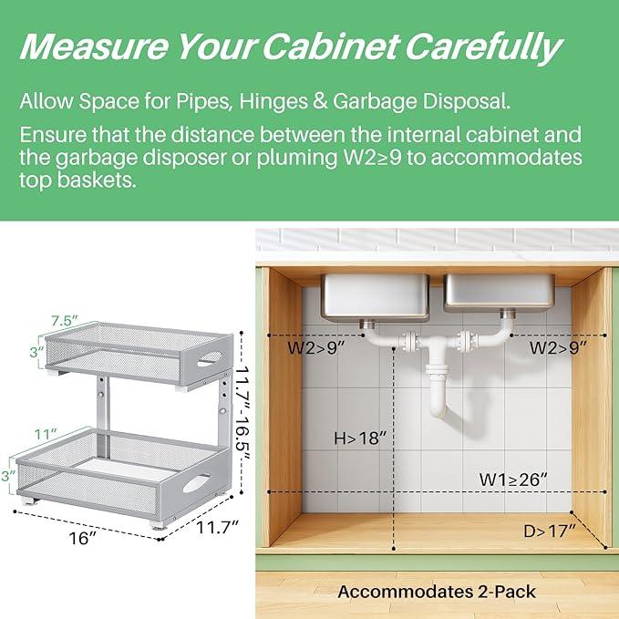 Under Sink Organizer, 1-Pack Pull Out Cabinet Organizer 2 Tier Metal Slide Out Storage Shelf Rack, L-Shaped Adjustable Height,Mesh Sliding Drawer for Kitchen, Bathroom, Laundry, Pantry, Grey, XL - NeatNest
