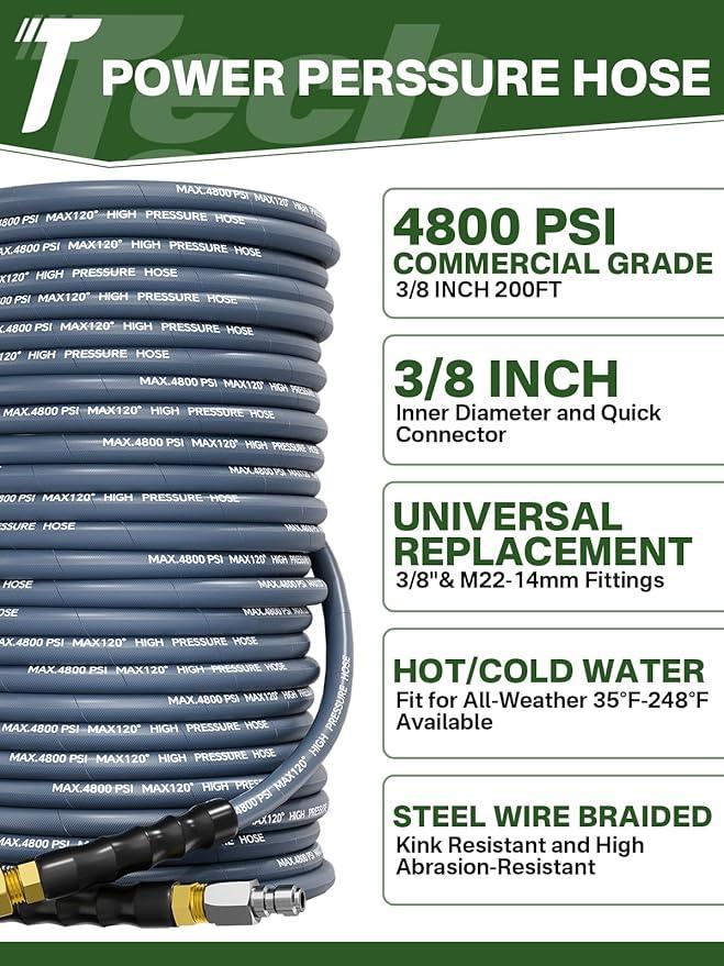 3/8" 4800PSI Pressure Washer Hose 200FT with Swivel Quick Connect for Cold/Hot Water Max 248°F, Kink Resistant Steel Wire Braided, Wear Resistant Power Washer Hose with M22 14mm Adapter - NeatNest