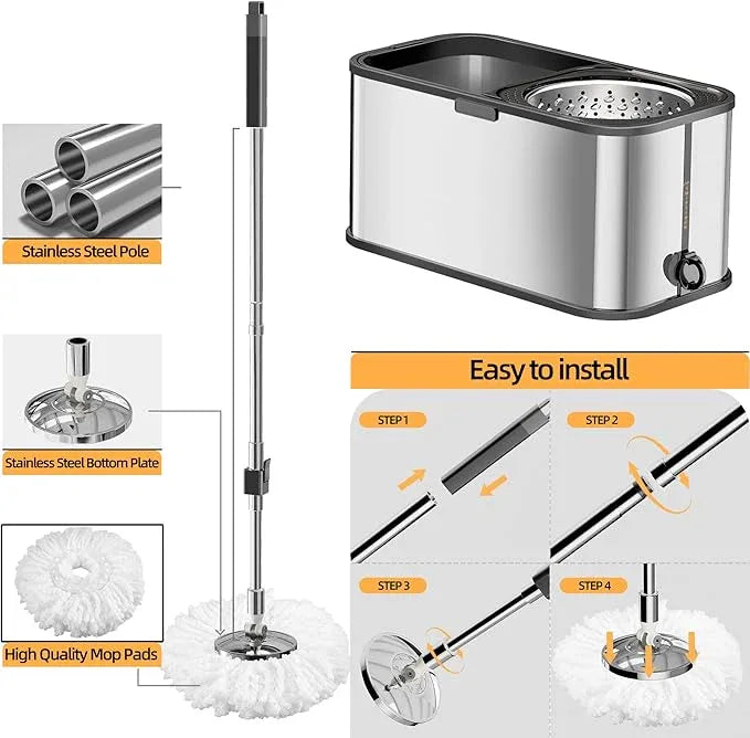 Spin Mop and Bucket with Wringer Set for Home,360° Mop and Bucket with Separate Clean and Dirty Water,Wet Dust Mop for Floor Cleaning with Extra Refills (Square Silver) - NeatNest