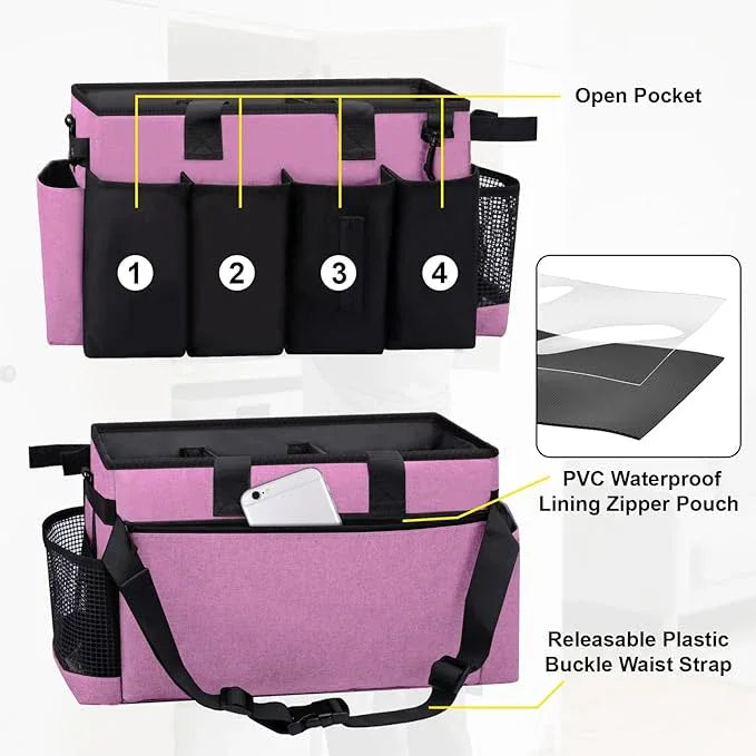 Wearable Large Cleaning Caddy Bag for Housekeeper, Clean Supply Organizer with Adjustable Shoulder, Waist & Handle Straps, Detailing Bag for Kitchen Supplies (Pink) - NeatNest