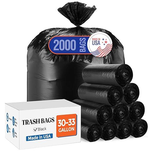 Delxo 30-33 Gallon Trash Bags, 2000 Count – 0.6 Mil Medium Duty Garbage Bags, Durable Plastic Bolsas para basura, Perforated Design– Made in USA for Kitchen, Yard, Office (Black) - NeatNest