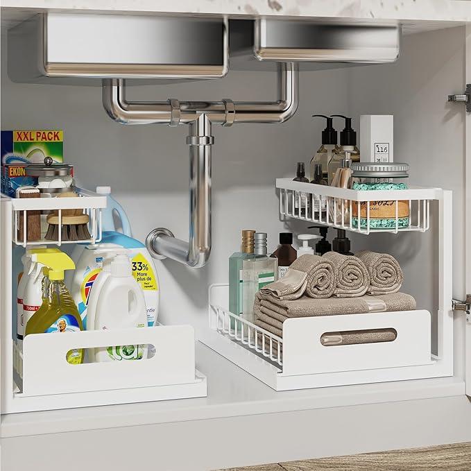 REALINN Under Sink Organizer, Pull Out Cabinet Organizer 2 Tier Slide Out Sink Shelf Cabinet Storage Shelves, Storage for Kitchen Bathroom, White, 2 Pack - NeatNest