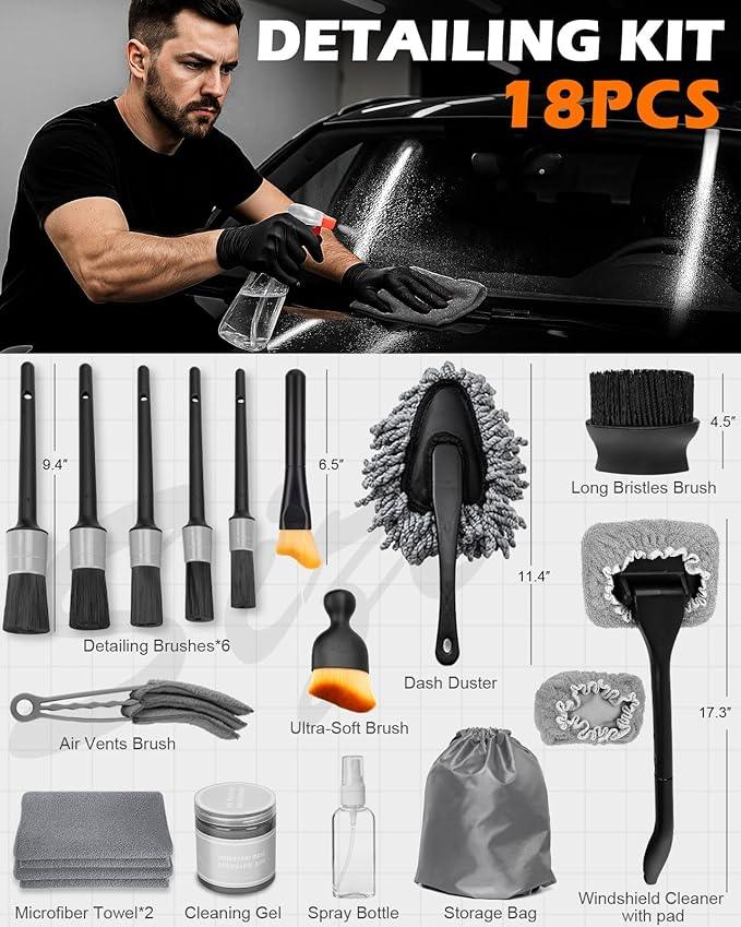 Viewmax Windshield Cleaner Tool, 18Pcs Car Interior Detailing Brush Set, Inside Windshield Cleaning Kit with 2 Microfiber Pads, Duster Brush, Cleaning Gel, Car Detailing Supplies for Women & Men - NeatNest