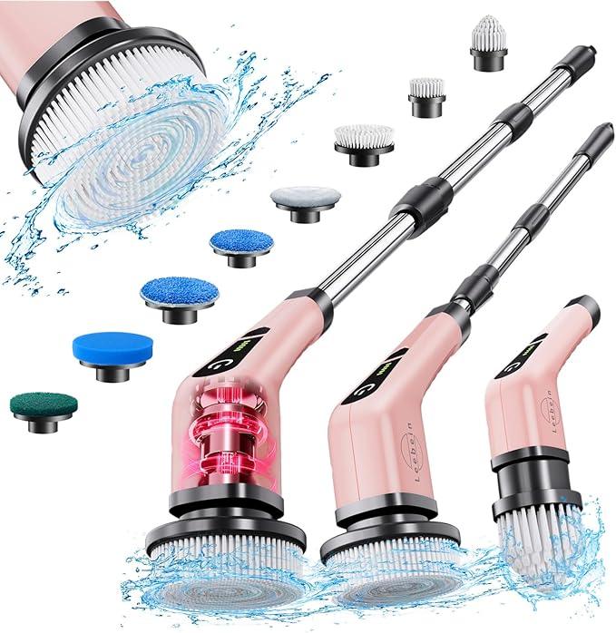 Leebein Electric Spin Scrubber, Cordless Powerful Scrub Brush for Cleaning Bathroom, Kitchen, Shower Tub and Floor Tile with Adjustable Extension Long Handle and 8 Replaceable Brush Heads(Rose) - NeatNest