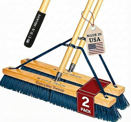 2 Pack Bundle - 24" Everyday Sweep Indoor/Outdoor Push Broom with 60" Handle. Ideal for Garages & Shops. Durable American Made Steel Brackets-All Stainless Steel Hardware. No Plastic. 100% USA Made. - NeatNest