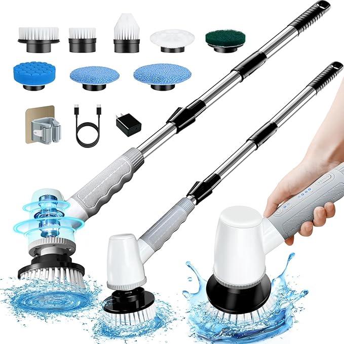 Electric Spin Scrubber Bathroom Scrubber - Cordless Shower Scrubber with Adjustable Handle, 2 Speeds, Bathroom Scrubber with 8 Replaceable Brush Heads, Power Scrubber for Bathroom Bathtub Cleaning - NeatNest