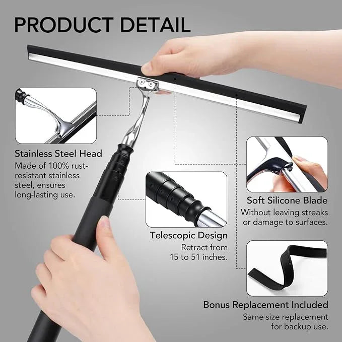 Shower Squeegee with Long Handle, 15-51" Telescopic Squeegee for Window Cleaning, Window Squeegee for Glass Doors, Extendable Window Cleaner Tool for Tile Walls, Sliding Door, Floor, Car Windshield - NeatNest