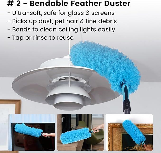Ceiling Fan Duster Kit – 5-in-1 Bendable & Dual-Sided Heads – Washable Dusters for High Ceiling, Fans, Corners, Glass – Fits Standard ¾ Pole – Blue Cleaning Set - NeatNest
