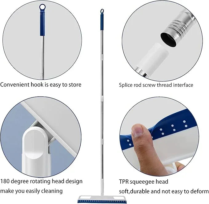 Multifunction Magic Air Broom, Silicone Broom with 56" Long Handle, 4 in 1 Rubber Squeegee Sweeper for Floor Bathroom Kitchen Shower Tile Pet Hair Fur Marble Glass Water Window Foam Cleaning (Blue) - NeatNest