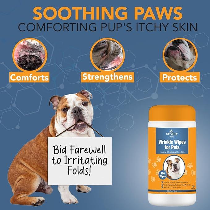NOVEHA 120PCs - 5”x7” Large Dog Wipes | Wipes for Bulldog, French Bulldog, Pug, English Bulldog | Deodorizing, for Multiple Areas Removes Dirt, Wrinkles, Folds, Tear Stain, Tail Pockets & Paws - NeatNest