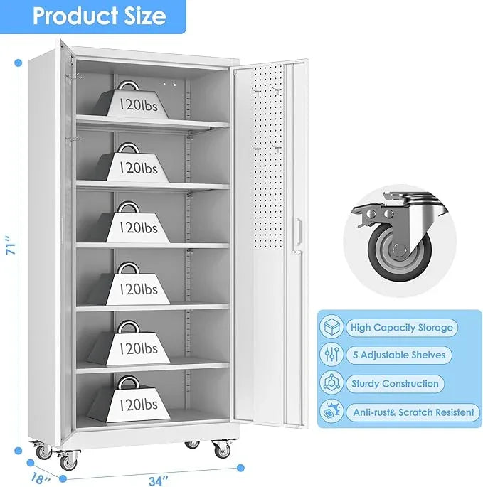SUXXAN Metal Garage Storage Cabinet with Wheels and Pegboard 71'' x 34'' x 18'', Lockable Rolling Steel Cabinet with 5 Adjustable Shelves and Door for Garage, Office, Kitchen, Assembly Required - NeatNest