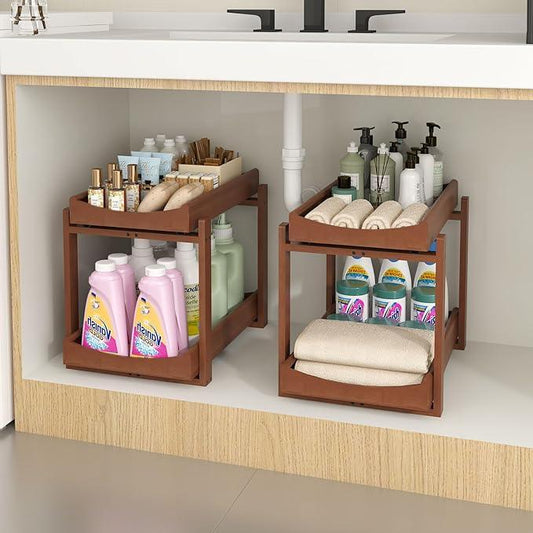 Bamboo Under Sink Organizer and Storage, 2 Pack Pull Out Cabinet Organization, 2 Tier Vertical Slide Out Undersink Storage Shelf, Multi-Purpose Organizer Shelves for Kitchen Bathroom Medicine, Brown - NeatNest