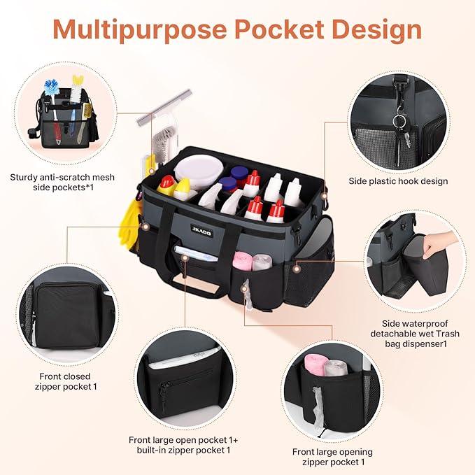Large Wearable Cleaning Caddy Bags,Cleaning Supplies Storage Bag with Handles and Adjustable Shoulder Strap and Removable Waist Straps,Waterproof Cleaning Bags for Home,Car,Office (Gray) - NeatNest