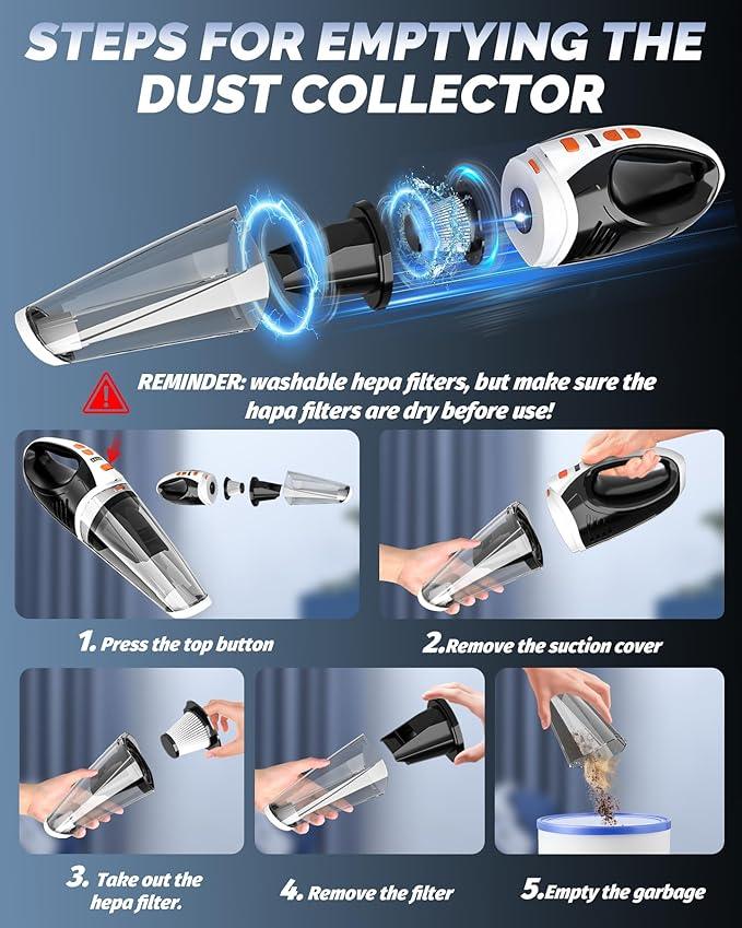 BRL Handheld Vacuum Cordless Car Vacuum Cleaner Rechargeable with LED, Hand Vacuum Lightweight, High Power Suction, Hand Held Vacuum Washable Filter and Multi-Nozzles for Car, Home Office, Pets - NeatNest