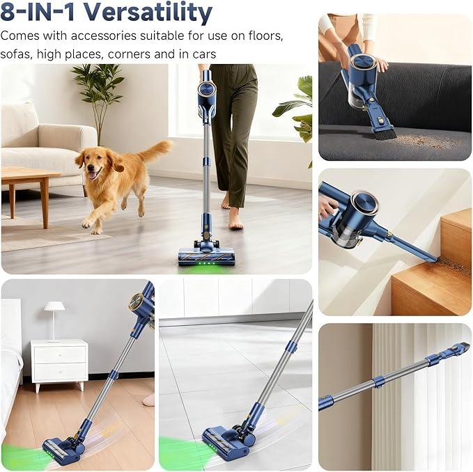 Cordless Stick Vacuum Cleaner - 45KPA Powerful Suction Vacuum with 45 Min Runtime, Detachable Battery, Anti-Tangle & 1.5L Dust Cup, 8 in 1 Vacuum Cleaner for Pet Hair, Carpet, HardFloor, Blue - NeatNest