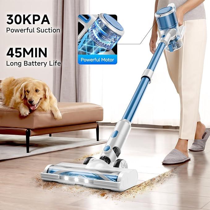Cordless Vacuum Cleaner for Home - Lightweight, Stick Vacuum Clean with Rechargeable Battery, Max 45Mins Runtime, 8 in 1 Handheld Vacuum for Hardfloor & Carpets Pet Hair, Blue&White - NeatNest