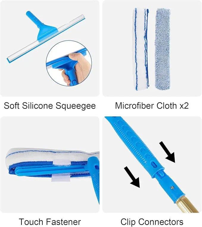 2 in 1 Window Squeegee Cleaning Kit with Aluminum Alloy Extension Poles, Scrubber, Glass Scrapper, Bendable Duster,2 Scrubber Cloth for Window, Car, Floor, Home, Garden - NeatNest