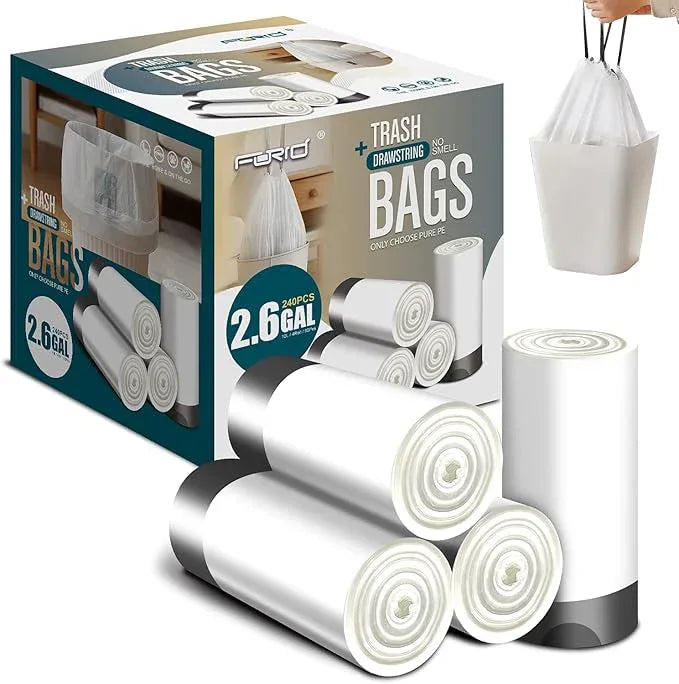 FORID Small Drawstring Trash Bags - 2.6 Gallon White Garbage Bags 240 Count, Durable & Thick Bags, Multipurpose Use - NeatNest