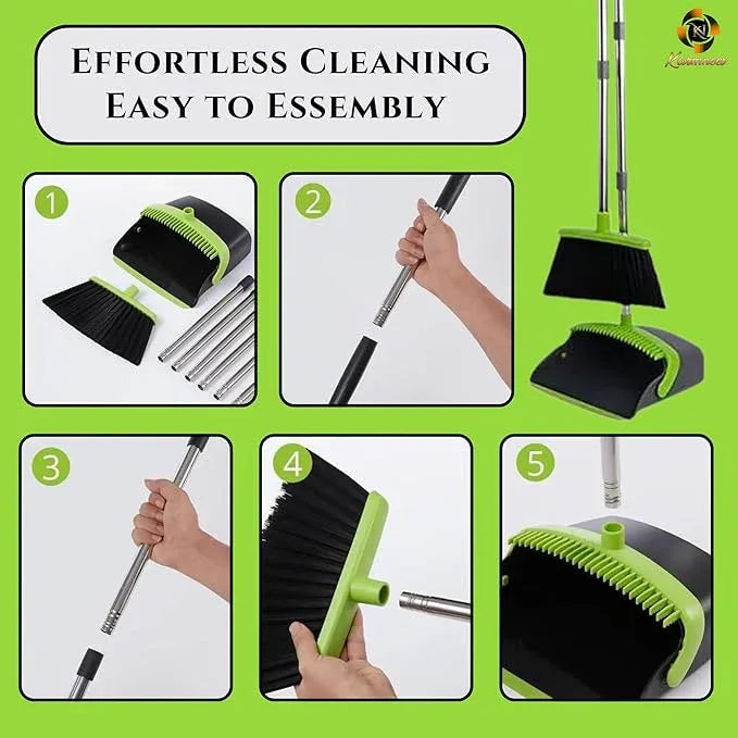 Standing Broom and Dustpan Set, Built-in Scraper Teeth, No-Slip Grip, Dust Collection Tray for Home, Office, Lobby, and Outdoor, Adjustable Handle from 38.18" to 52" (Black & Green) - NeatNest