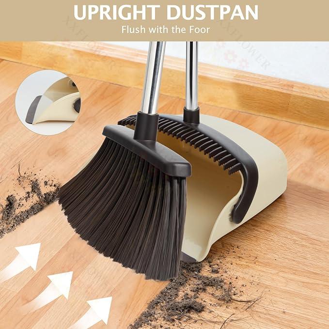 Broom and Dustpan Set with Long Handle, Heavy Dust Broom and Dustpan Combo for Home，Kitchen, Office, Pet Hair(Beige) - NeatNest
