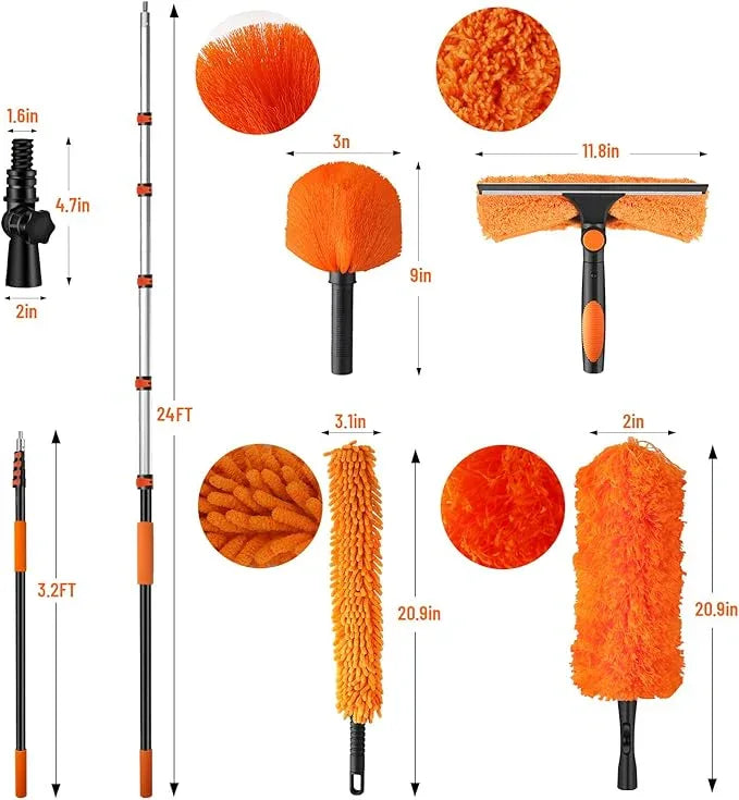 30ft High Reach Duster Kit with Extendable Pole (5-24ft),High Ceiling Duster Kit Includes–Ceiling Fan Blade Cleaner, Cobweb Remover, Bendable Duster, Microfiber Glass Scrubber & Squeegee & Swivel Head - NeatNest