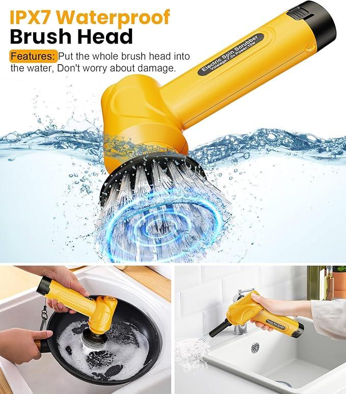 qimedo Battery Electric Spin Scrubber Q4, 800RPM Handheld Scrubber for Cleaning with Display, Power Dish Scrubber with 5 Heads, Shower Cordless Cleaning Brush for Bathroom/Sink/Window - NeatNest
