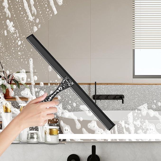 All-Purpose Silicone Shower Squeegee for Shower Glass Door,with 1 Hooks,for Bathroom Glass, Car, Tile Wall, Mirror Cleaning - Flower Shaped Handle for Easy-Grip 12 Inch Black - NeatNest