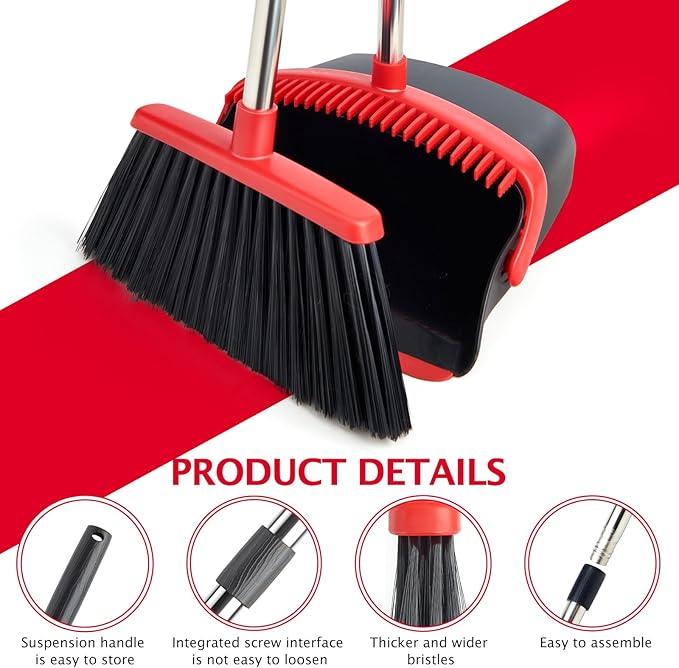 Broom and Dustpan Set with Long Handle, Heavy Dust Broom and Dustpan Combo for Home，Kitchen, Office, Pet Hair 2PCS (Black Red) - NeatNest