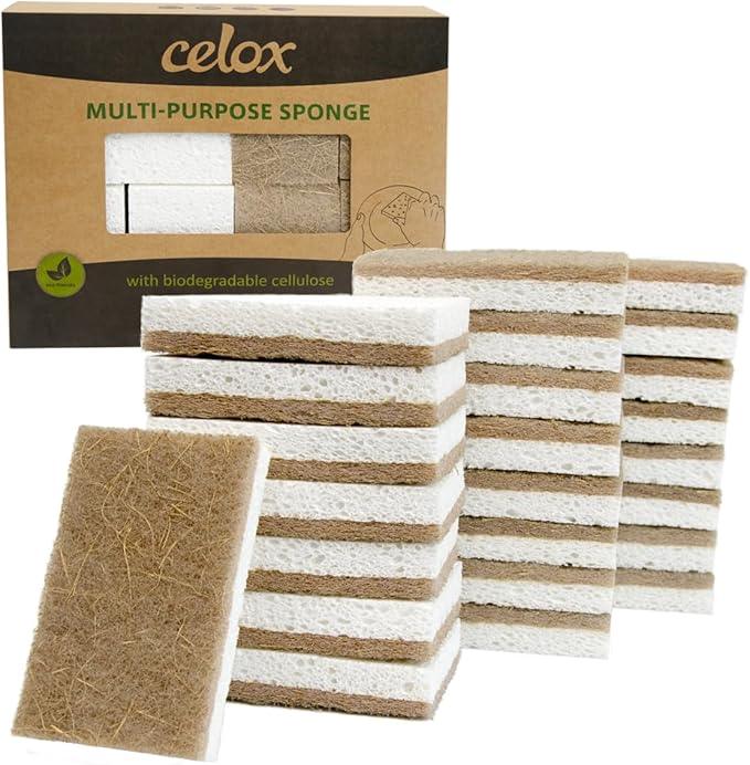 CELOX 24 Pack Coconut Fiber Biodegradable Sponges, Non Scratch Kitchen Cleaning Sponge, Eco-Friendly Dual-Sided Sponge for Dishwashing - NeatNest