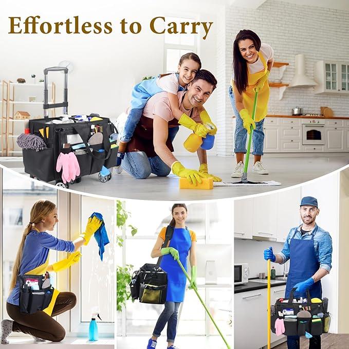Rolling Cleaning Caddy Bag with Detachable Trolley, Multi-Functional Portable Cleaning Cart Supplies Organizer for Housekeeping and Domestic Cleaning, Cleaning Caddy with Wheels, Black - NeatNest