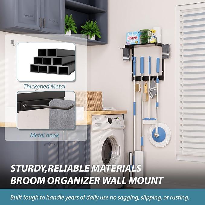 Broom Holder Wall Mount with Cleaning Supplies Organizer, Laundry Room Organization and Storage Shelves, Mop Hanger Broom Rack with Hooks, Home Improvement Kitchen Shelf Garage Organizer - NeatNest