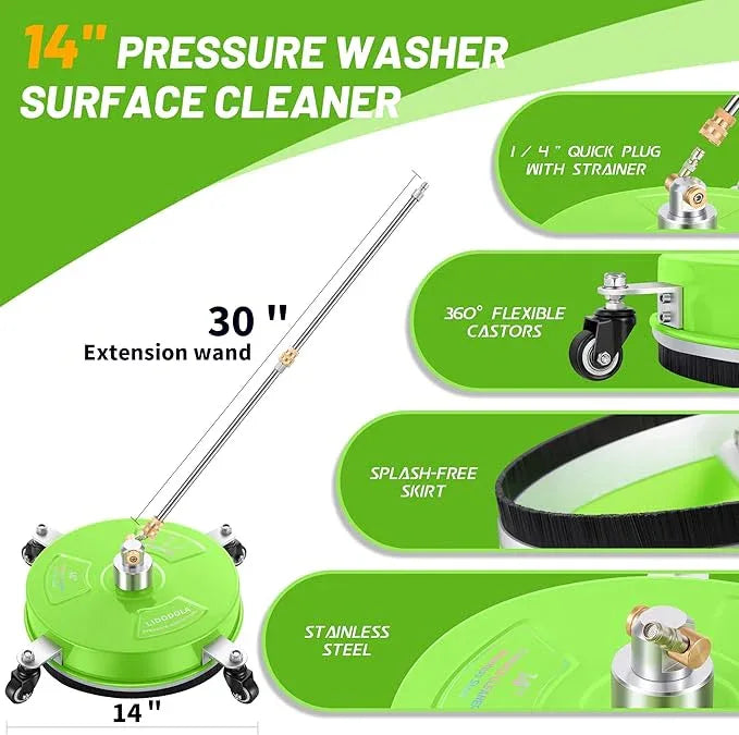 14" Pressure Washer Surface Cleaner with 4 Wheels - Coated Green Stainless Steel Surface Cleaner for Pressure Washer Attachment for Concrete, Patio, Sidewalk, Deck and Driveways - PWS14G - NeatNest