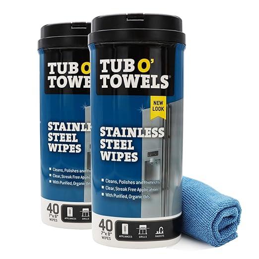 Tub O' Towels Heavy Duty Stainless Steel Cleaner Wipes, 40 Count, 2 Pack, with 12” x 12: Micro Fiber Cloth - NeatNest