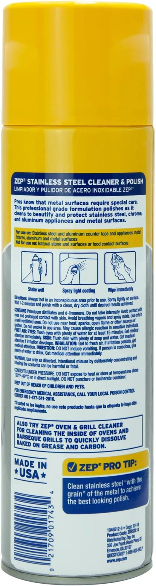 Zep Stainless Steel Cleaner and Polish - 14 oz (Case of 12) ZUSSTL14 - Protects Metal Surfaces From Fingerprints, Soil & Water Spots - NeatNest