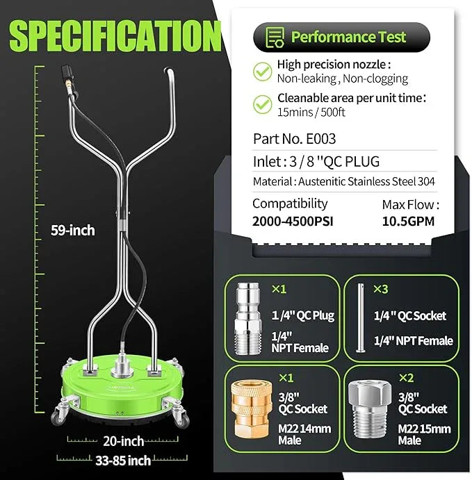 20" Pressure Washer Surface Cleaner with 4 Wheels - Coated Green Dual Handle Stainless Steel Surface Cleaner for Pressure Washer Attachment for Concrete, Patio, Sidewalk, Deck and Driveways - PWS20G - NeatNest