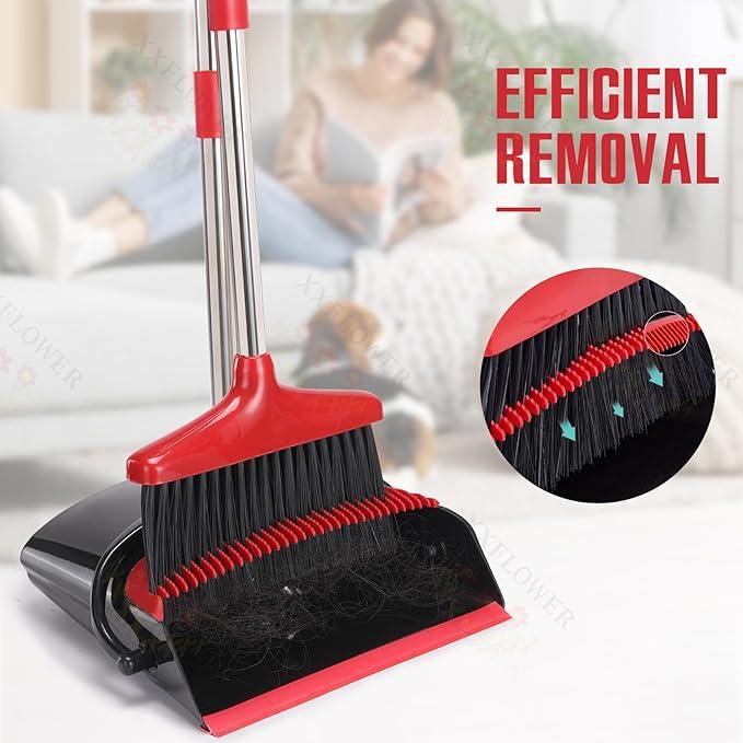 Broom and Dustpan Set with Long Handle, Light Weight Stainless Steel Poles Stand Upright Dustpans with Broom Combo for Home Kitchen Office Pet Dog Hair, Black & Red Color, 1-Pack - NeatNest