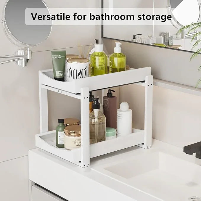 Bamboo Under Sink Organizer Adjustable Height 2 Tier Bathroom Organizer Pull Out Cabinet Storage Kitchen Heave Duty Wood Slide Ou Shelf for Kitchen Bathroom (White, 1 Pack) - NeatNest