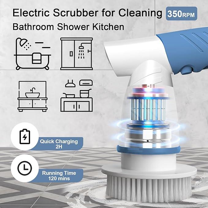 Electric Spin Scrubber, IEZFIX Electric Cleaning Brush Bathroom Shower Scrubbing Cleaner Brush Power Scrubber Cordless with 4 Replaceable Brush Heads for Bathtub, Tile, Floor, Toilet, Kitchen - Blue - NeatNest