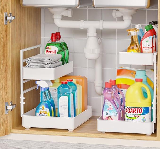 EVERIE Height Adjustable 2 Tier Metal Pull Out Slide Shelf Organizer for Framed or Frameless Under Sink Cabinets in Kitchen, Bathroom, with Snap-on Top Tray (White, 2 Sets) - NeatNest